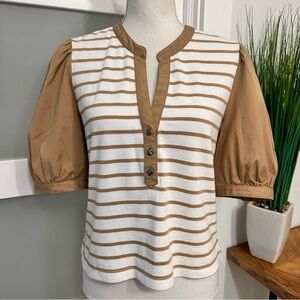 Veronica Beard Kellie Top Poplin Trimmed Striped Medium Off White Tan Designer